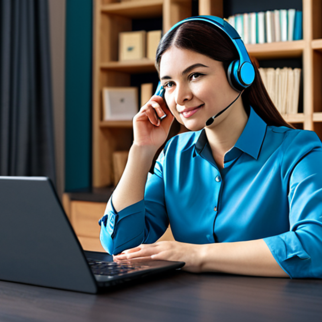 **

"A professional interpreter, fully clothed in a modest business attire, working remotely in a home office setting. Using a headset and a laptop with a video conferencing platform displayed. Background includes bookshelves and a comfortable workspace. Perfect anatomy, natural pose, well-formed hands, proper finger count, natural body proportions, safe for work, appropriate content, professional, family-friendly."

**
