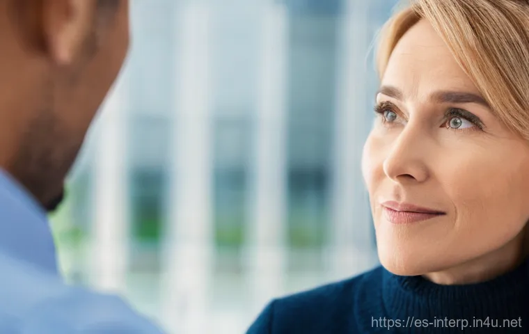 국제통역사 업무별 능력 향상 - **Prompt:** A focused professional interpreter, appearing to be in their late 30s to early 40s, work...