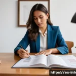 통역사 시험 과목 구성 - **A highly focused female translator in her late 30s, dressed in smart business casual attire includ...