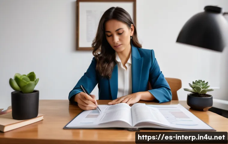 통역사 시험 과목 구성 - **A highly focused female translator in her late 30s, dressed in smart business casual attire includ...