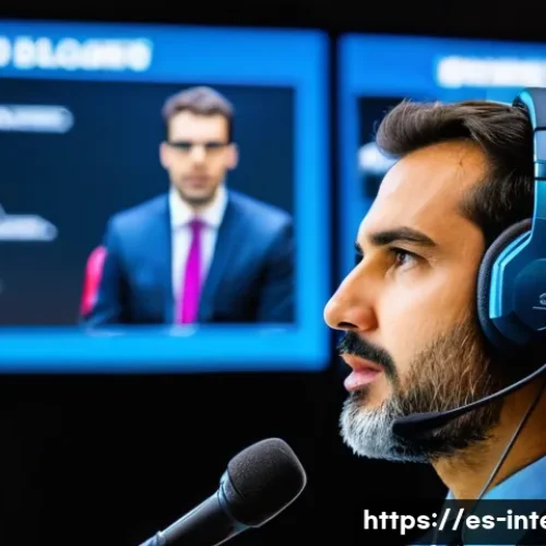 통역사 업무 분석 사례 - A professional conference interpreter working inside a modern soundproof booth at a large internatio...