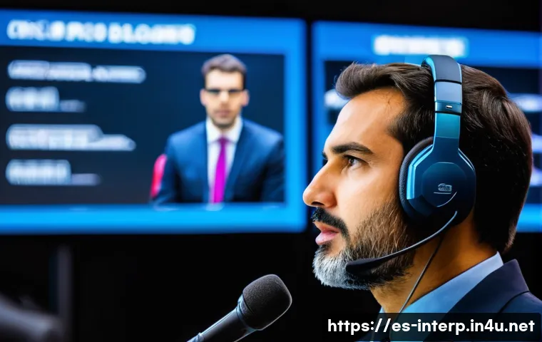 통역사 업무 분석 사례 - A professional conference interpreter working inside a modern soundproof booth at a large internatio...