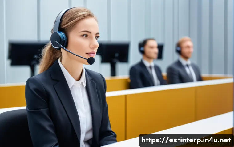 국제통역사 자격증 종류 - A professional conference interpreter at work inside a modern international conference hall, wearing...