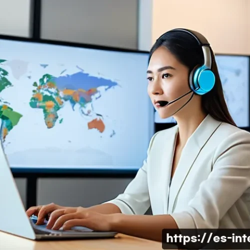 국제통역사 채용 동향 - A professional female interpreter in her 30s, dressed in smart business attire with a visible headse...