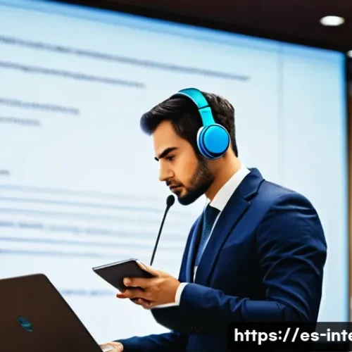 국제통역사 실기 시험 준비 - A professional simultaneous interpreter in a modern conference room, wearing smart business attire, ...