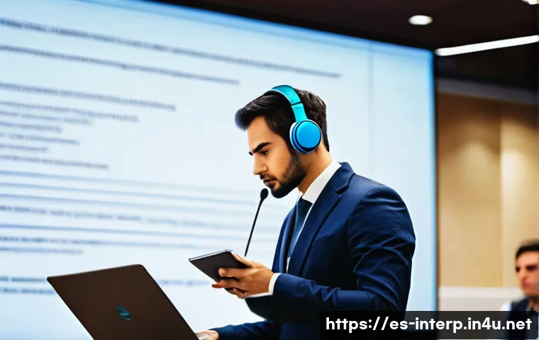국제통역사 실기 시험 준비 - A professional simultaneous interpreter in a modern conference room, wearing smart business attire, ...