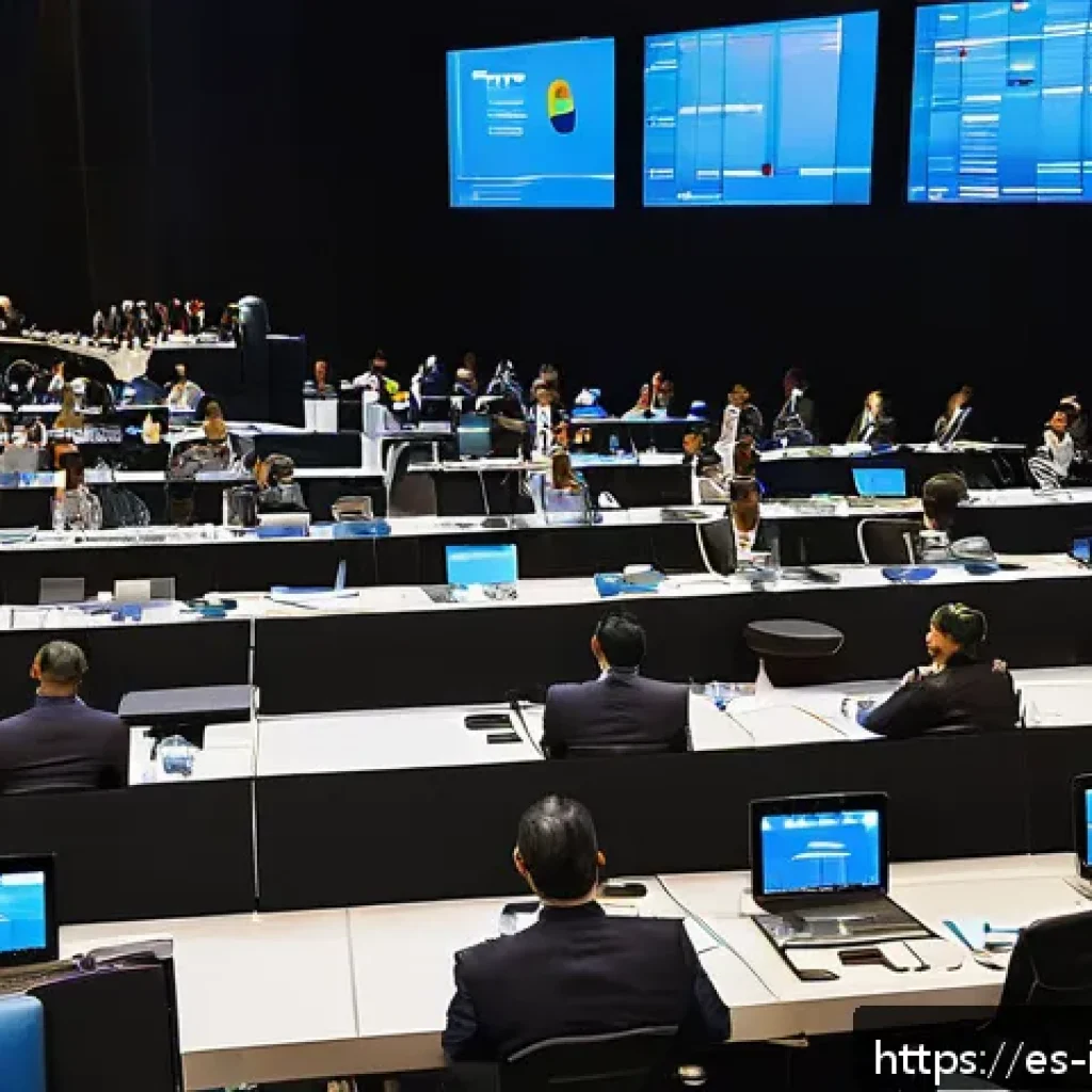 통역사 직무 소개 - A professional conference scene featuring a diverse group of interpreters working simultaneously at ...