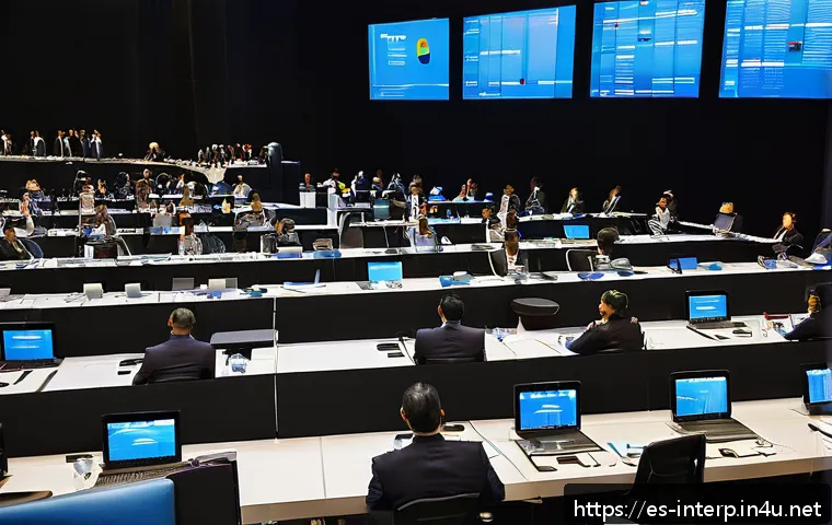 통역사 직무 소개 - A professional conference scene featuring a diverse group of interpreters working simultaneously at ...