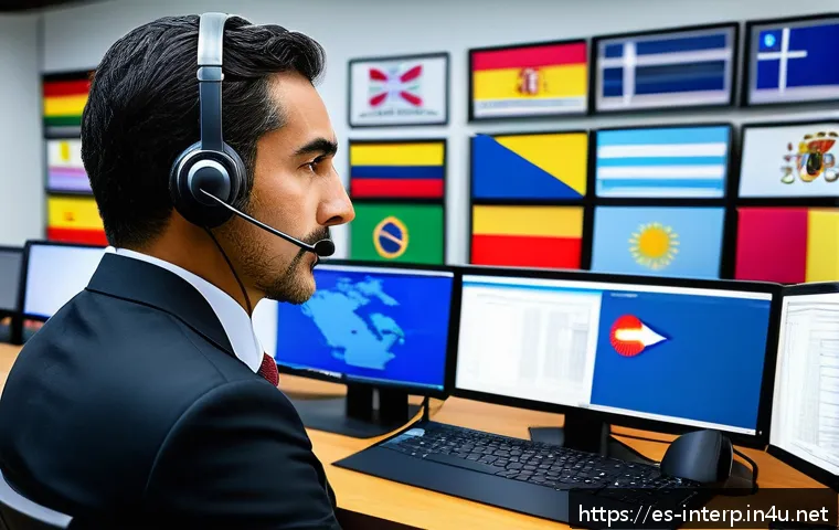 국제통역사 실무 사례 모음 - A professional simultaneous interpreter in a modern conference room, wearing business attire with a ...