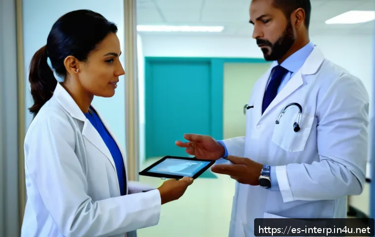 통역사 실무 사례 분석 - A professional medical interpreter in a modern hospital room, attentively translating between a Hisp...