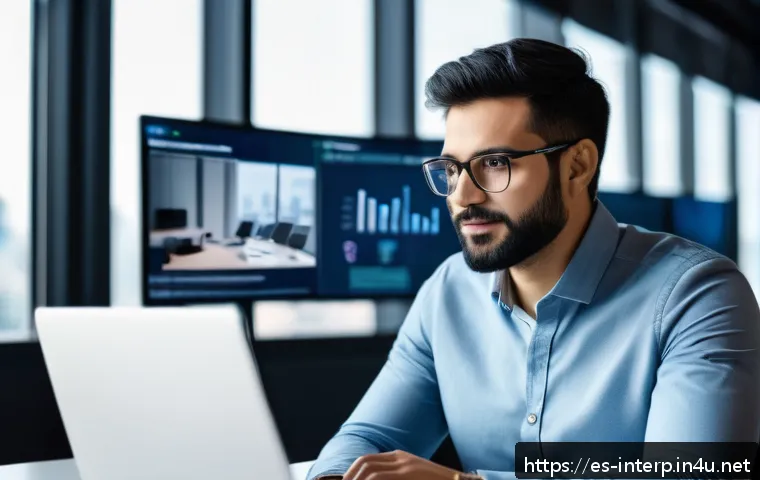 통역사의 업무 분야 확장 - A professional interpreter in a modern high-tech office environment, wearing smart casual attire and...